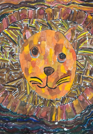 Картина под названием "The lion" - Valentina Budarina, Подлинное произведение искусства, Гуашь