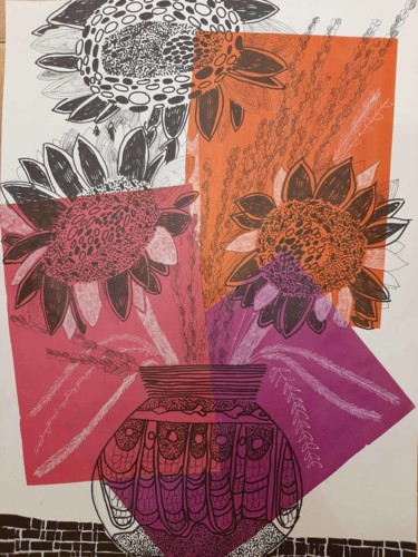Collages intitulée "Sunflowers#" par Valentina Budarina, Œuvre d'art originale, Stylo gel