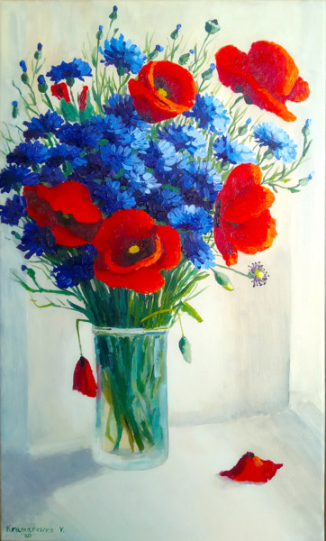 Painting titled "Poppy and cornflowe…" by Valentina Kramarenko, Original Artwork, Oil