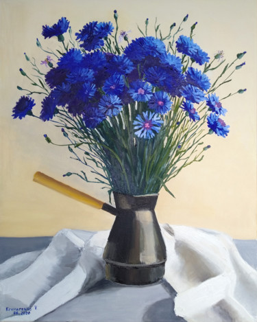 Painting titled "Cornflowers in coff…" by Valentina Kramarenko, Original Artwork, Oil