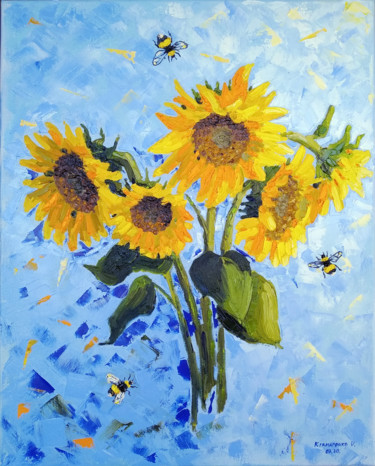 Painting titled "Sunflower and bumbl…" by Valentina Kramarenko, Original Artwork, Oil