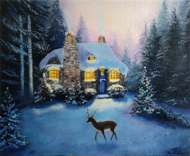 Painting titled "A house and a deer…" by Valentina Kramarenko, Original Artwork, Oil