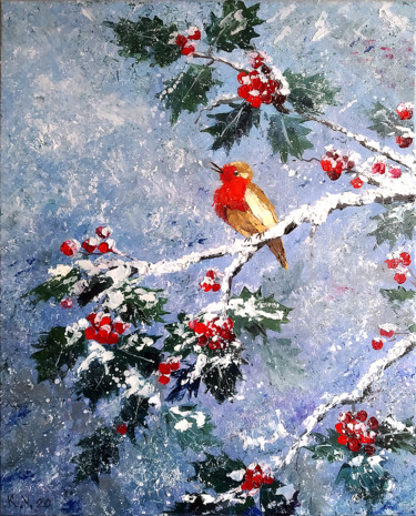 Painting titled "Bird Robin on a hol…" by Valentina Kramarenko, Original Artwork, Oil