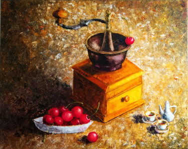 Painting titled "Cherry coffee" by Valentina Kramarenko, Original Artwork, Oil