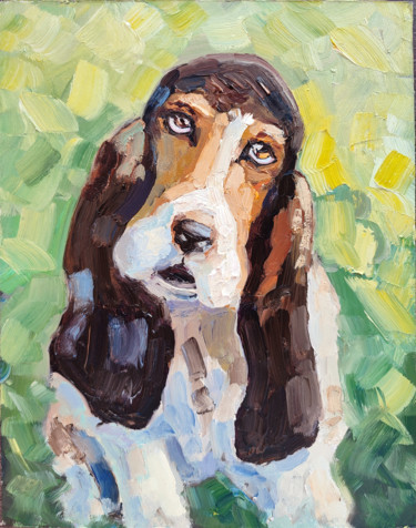 Painting titled "Basset Hound dog" by Valentina Kramarenko, Original Artwork, Oil