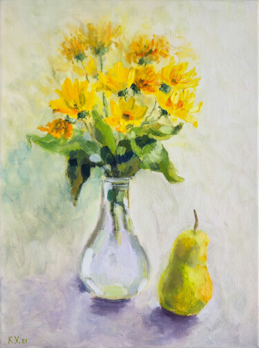 Painting titled "Bouquet in vase and…" by Valentina Kramarenko, Original Artwork, Oil