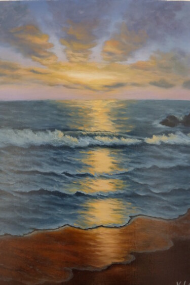 Painting titled "Sunset on the sea" by Valentina Lazdina, Original Artwork, Oil