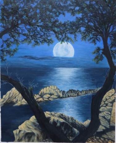 Painting titled "Moon night on the s…" by Valentina Lazdina, Original Artwork, Oil