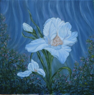 Painting titled "White iris" by Valentina Lazdina, Original Artwork, Oil