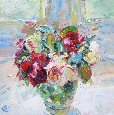 Картина под названием "Розы на подоконнике." - Валентина Олемпиюк-Винникова, Подлинное произведение искусства, Масло