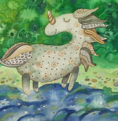 Pintura intitulada "The Unicorn and sum…" por Valentina Pushkareva, Obras de arte originais, Aquarela