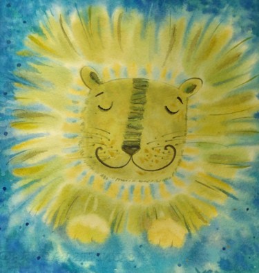 Painting titled "Sunny Lion" by Valentina Pushkareva, Original Artwork, Watercolor