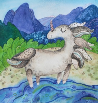 Malerei mit dem Titel "Magic Unicorn" von Valentina Pushkareva, Original-Kunstwerk, Aquarell