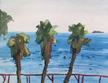 Painting titled "The palms and the s…" by Valentina Pushkareva, Original Artwork, Watercolor