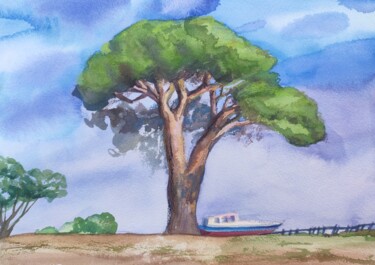 Malarstwo zatytułowany „The tree near the s…” autorstwa Valentina Pushkareva, Oryginalna praca, Akwarela