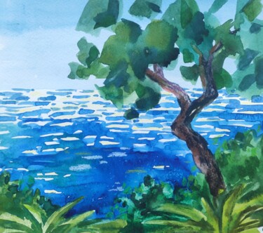 Pintura intitulada "Blue Sea, Mediterra…" por Valentina Pushkareva, Obras de arte originais, Aquarela