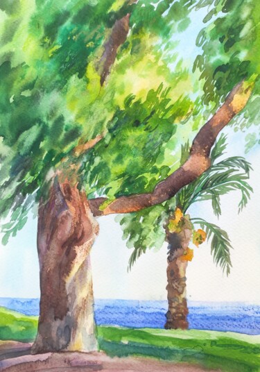 Painting titled "The tree near the s…" by Valentina Pushkareva, Original Artwork, Watercolor