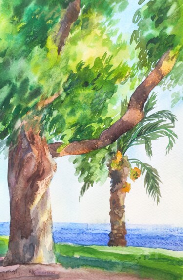 The tree near the sea, Antalya, Turkey Schilderij getiteld "The tree near the s…" door Valentina Pushkareva, Origineel Kunstwerk, Aquarel