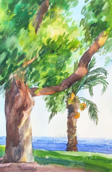 Painting titled "The tree near the s…" by Valentina Pushkareva, Original Artwork, Watercolor