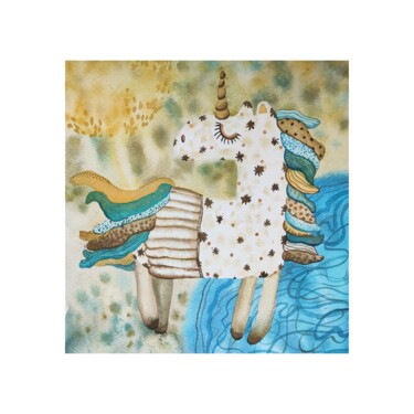 Painting titled "Magic Unicorn and t…" by Valentina Pushkareva, Original Artwork, Watercolor