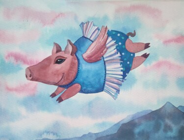 Malerei mit dem Titel "Piggy" von Valentina Pushkareva, Original-Kunstwerk, Aquarell