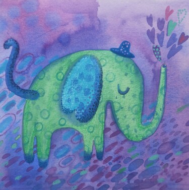 Картина под названием "Elephant of love" - Valentina Pushkareva, Подлинное произведение искусства, Акварель