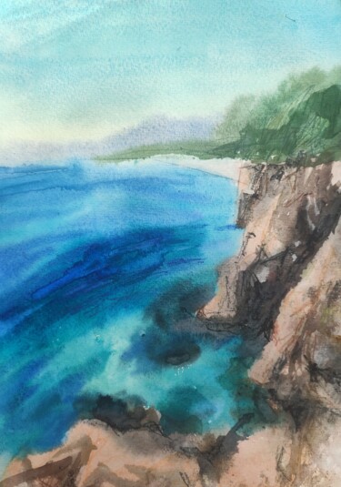 Schilderij getiteld "Mediterranean sea .…" door Valentina Pushkareva, Origineel Kunstwerk, Aquarel