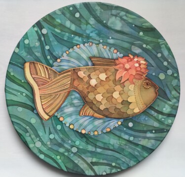Textile Art titled "Golden fish" by Valentina Pushkareva, Original Artwork, Acrylic Mounted on Other rigid panel