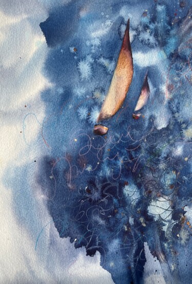 Peinture intitulée "Golden Sailboats ,…" par Valentina Pushkareva, Œuvre d'art originale, Aquarelle