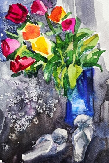 Painting titled "Roses and slippers" by Valentina Pushkareva, Original Artwork, Watercolor