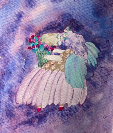 Картина под названием "Spring unicorn with…" - Valentina Pushkareva, Подлинное произведение искусства, Акварель