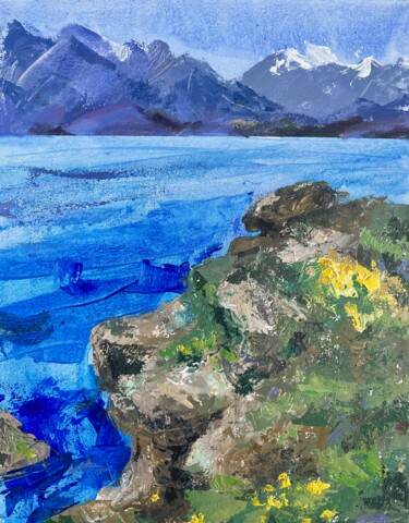 Painting titled "Antalya , sea and m…" by Valentina Pushkareva, Original Artwork, Acrylic Mounted on Wood Stretcher frame