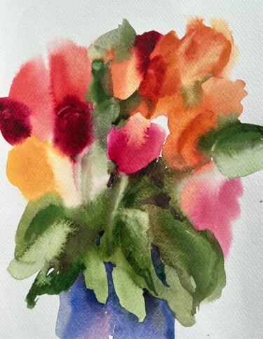 Schilderij getiteld "Roses, watercolor 2…" door Valentina Pushkareva, Origineel Kunstwerk, Aquarel