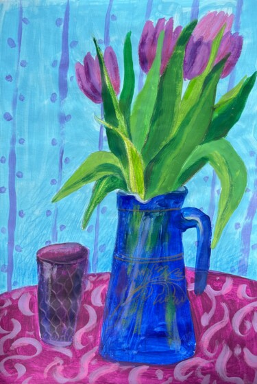 Ζωγραφική με τίτλο "Tulips in blue vase" από Valentina Pushkareva, Αυθεντικά έργα τέχνης, Ακρυλικό