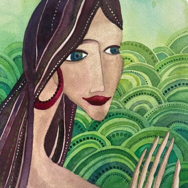 Schilderij getiteld "Green,2023 Watercol…" door Valentina Pushkareva, Origineel Kunstwerk, Aquarel