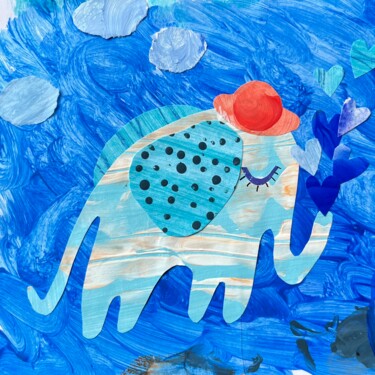 「The blue elephant」というタイトルの絵画 Valentina Pushkarevaによって, オリジナルのアートワーク, コラージュ