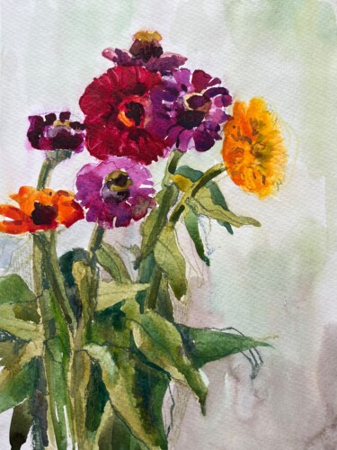 Peinture intitulée "Autumn flowers (Lei…" par Valentina Pushkareva, Œuvre d'art originale, Aquarelle