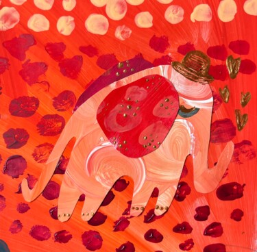 Картина под названием "Orange elephant" - Valentina Pushkareva, Подлинное произведение искусства, Коллажи