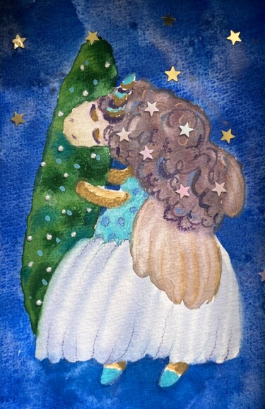 Malarstwo zatytułowany „Magic Christmas Uni…” autorstwa Valentina Pushkareva, Oryginalna praca, Akwarela