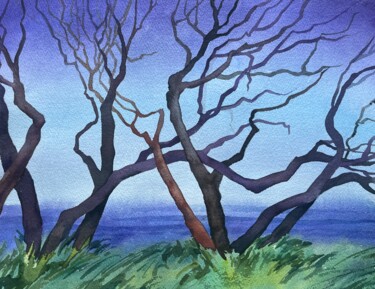 Malerei mit dem Titel "Sea and tree" von Valentina Pushkareva, Original-Kunstwerk, Aquarell