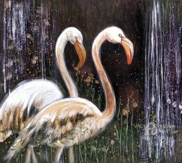 Painting titled "Two flamingos" by Valentina Reymer, Original Artwork, Oil