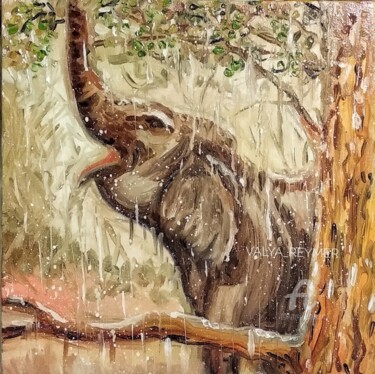 Painting titled "Elephant and rain" by Valentina Reymer, Original Artwork, Oil