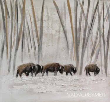 Schilderij getiteld "Bison, iceless snow…" door Valentina Reymer, Origineel Kunstwerk, Olie