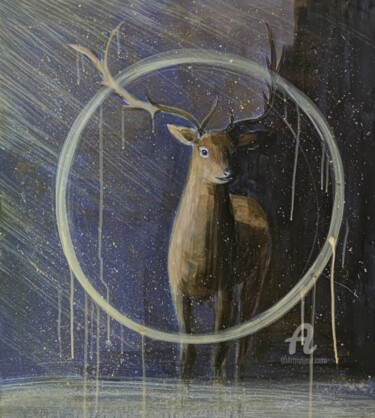 Painting titled "Night deer painting" by Valentina Reymer, Original Artwork, Acrylic