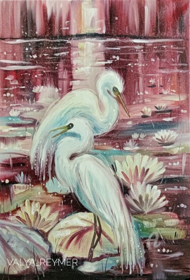 Painting titled "Egrets romance" by Valentina Reymer, Original Artwork, Oil