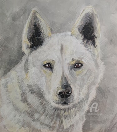 Painting titled "White dog, soul ask…" by Valentina Reymer, Original Artwork, Acrylic