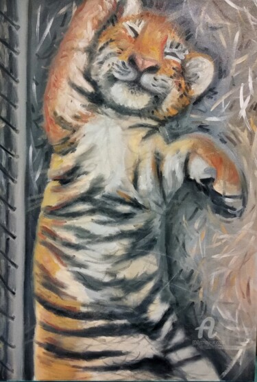 Painting titled "Tiger cub" by Valentina Reymer, Original Artwork, Oil