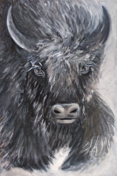 Painting titled "Past the bison" by Valentina Reymer, Original Artwork, Oil
