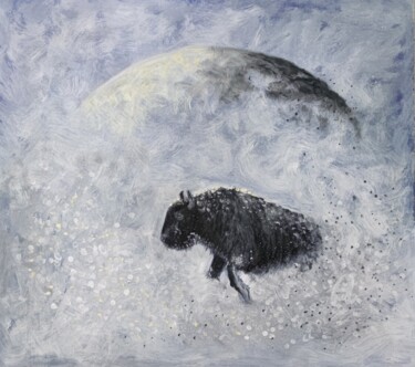 Painting titled "Bison runs in the s…" by Valentina Reymer, Original Artwork, Oil