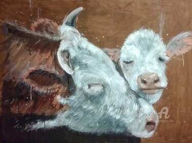 Painting titled "Cow with calf, time…" by Valentina Reymer, Original Artwork, Oil
